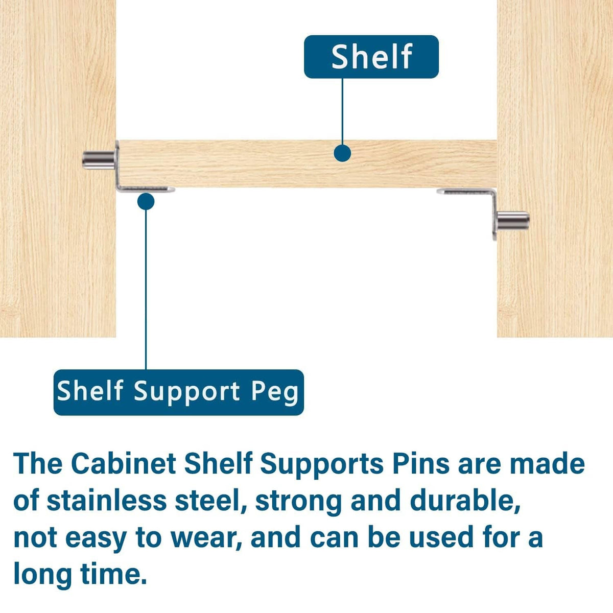 Silver shelf support peg inserted into a light wood cabinet shelf opening