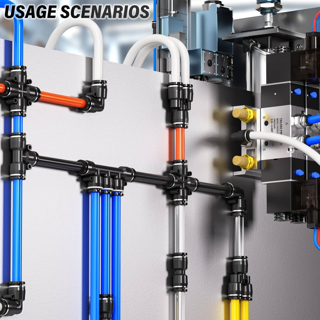 Blue PU air tubing lines connected to a pneumatic valve manifold and fittings