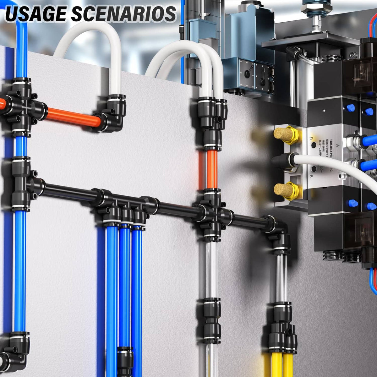 Blue PU air tubing lines connected to a pneumatic valve manifold and fittings