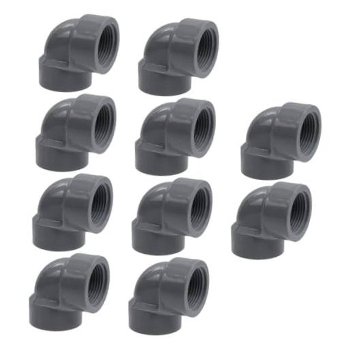 Set of gray PVC 90-degree elbow adapters, female-to-female threaded ends
