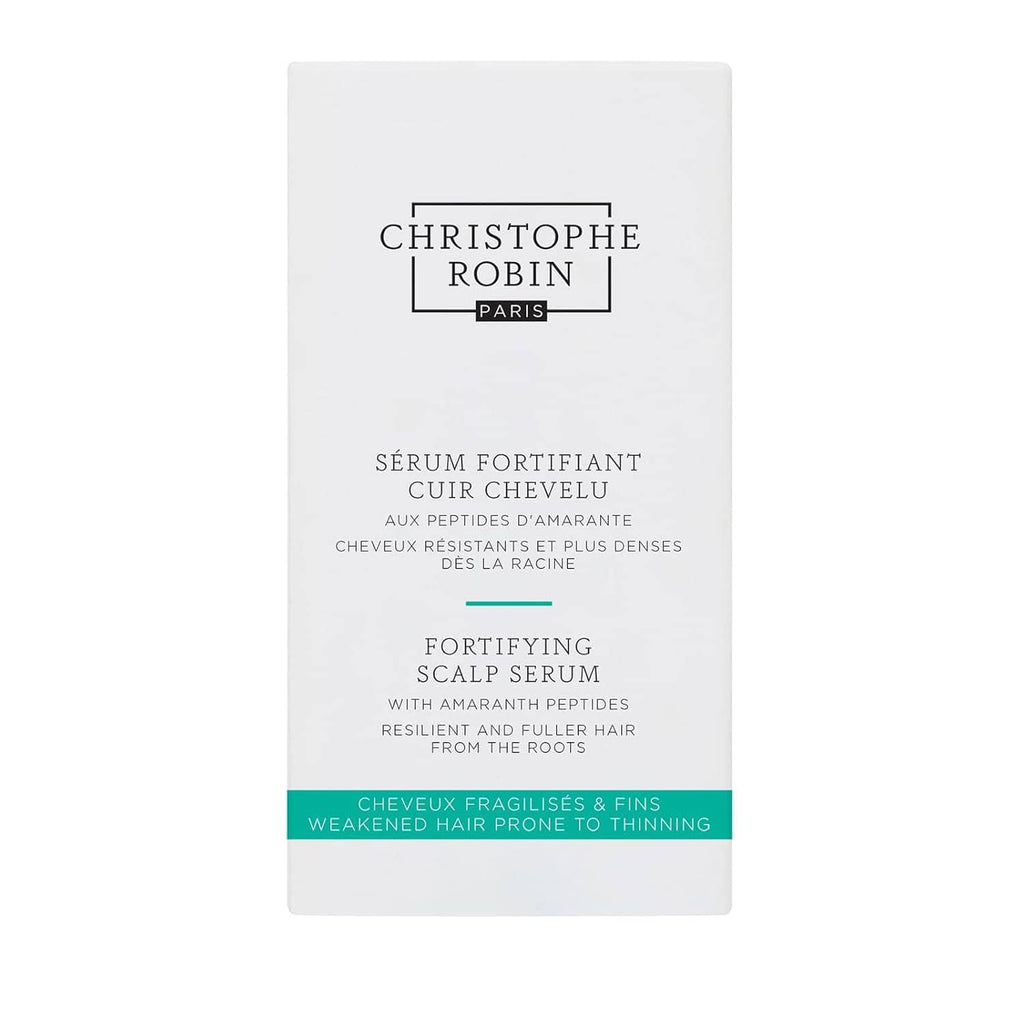 Fortifying scalp serum product box, white with teal accent band and brand logo