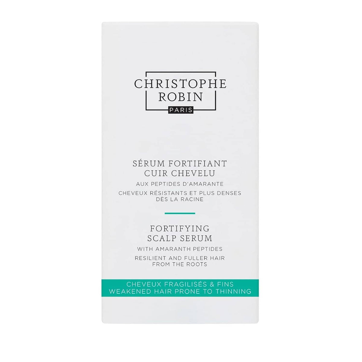 Fortifying scalp serum product box, white with teal accent band and brand logo