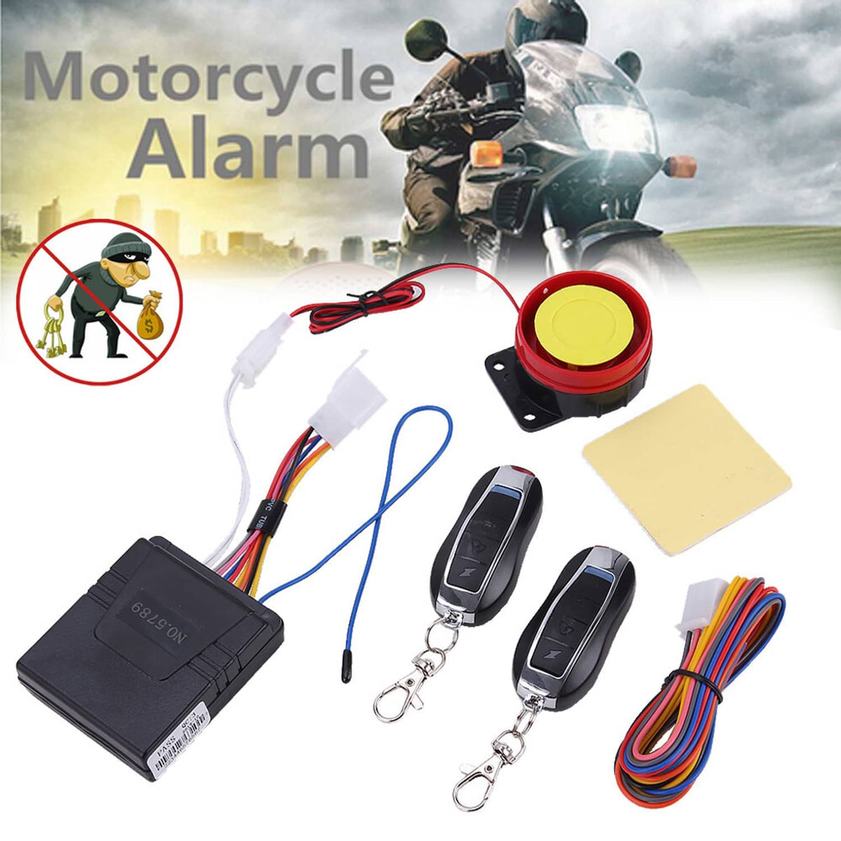 Motorcycle alarm remote engine start kit with two key fobs, wiring, and red siren button