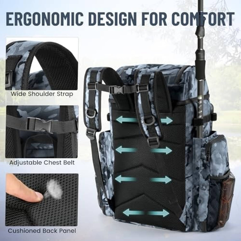 Camouflage fishing tackle backpack with wide shoulder straps and cushioned back panel