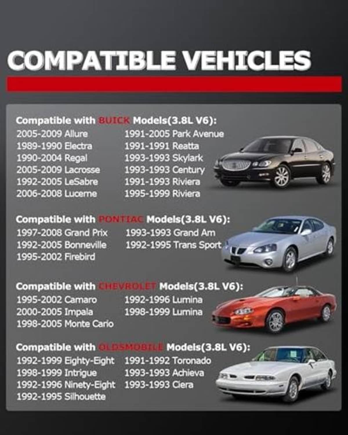 Vehicle compatibility chart for engine ignition control module with model year listings