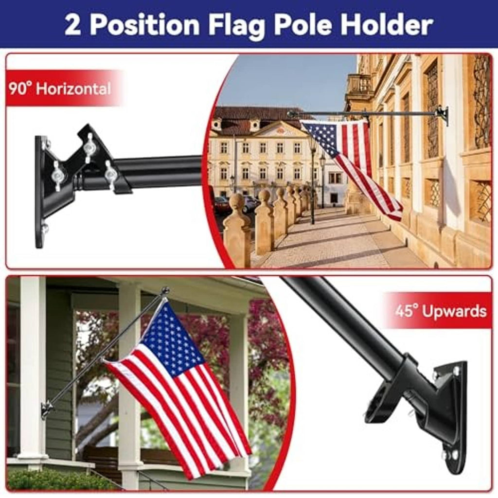Black 2-position flagpole holder with adjustable wall mount hardware