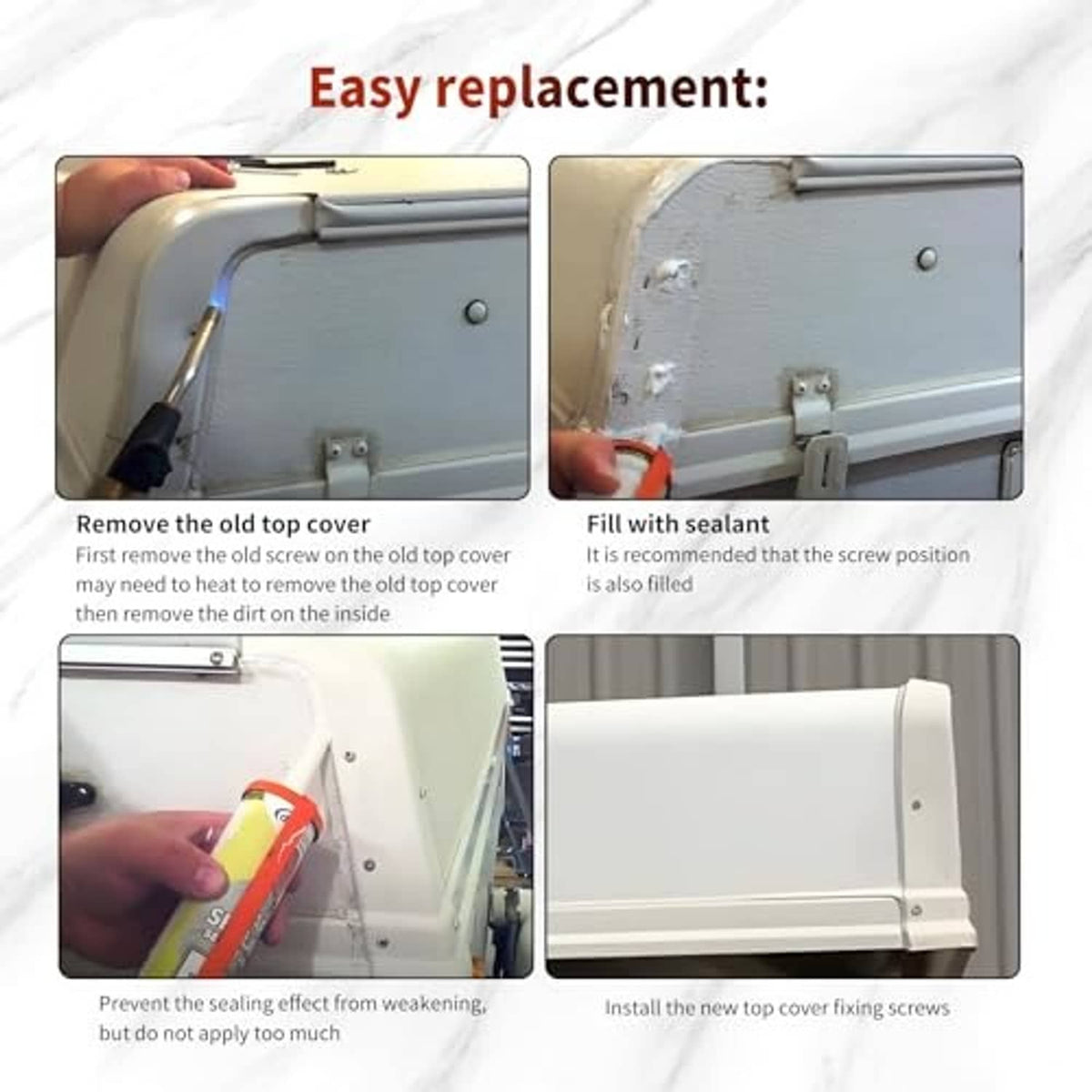 White RV roof corner cap replacements shown on a camper roof section