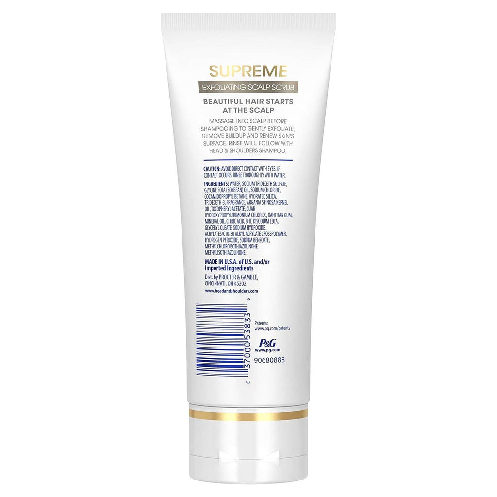 head & shoulders Supreme exfoliating scalp scrub tube back label, white 3.3 fl oz
