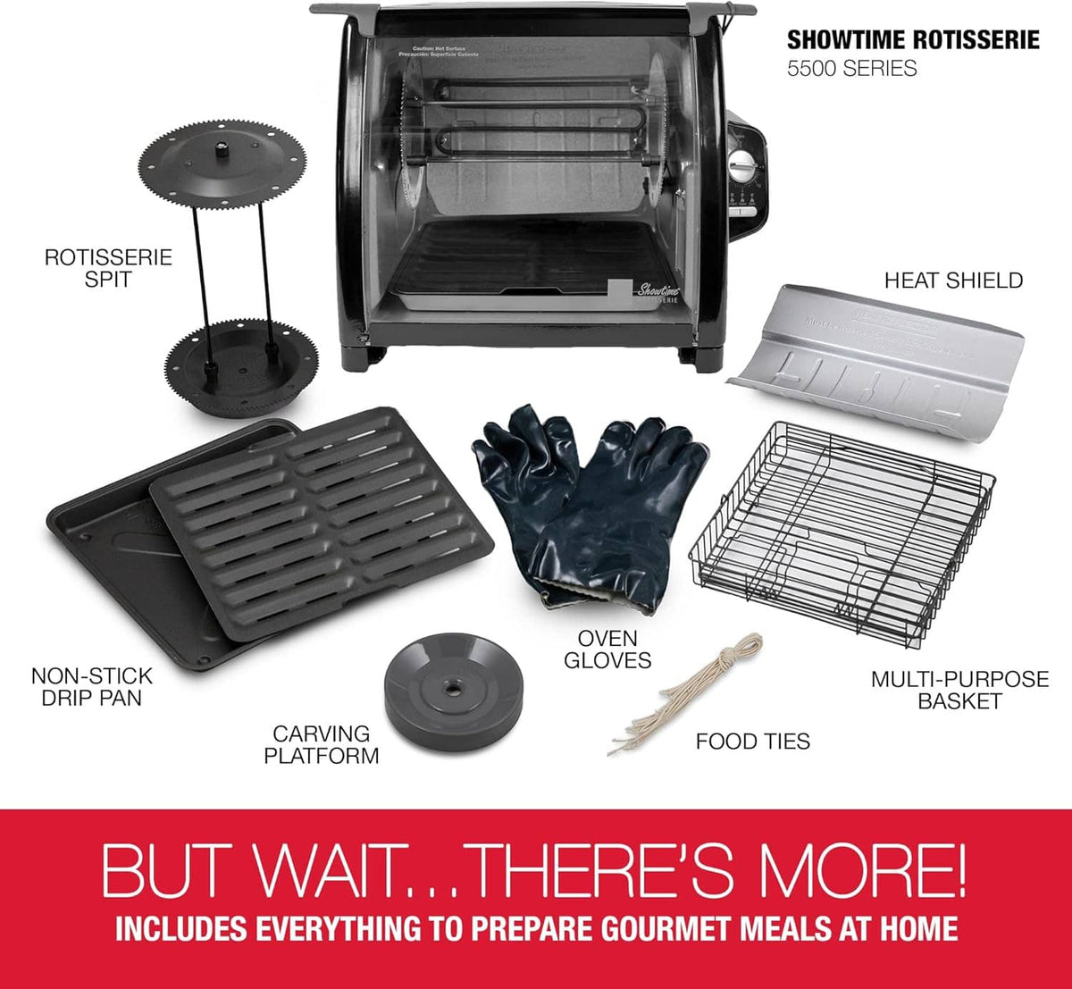 Rotisserie oven accessory set with rotisserie spit, heat shield, drip pan, basket, gloves