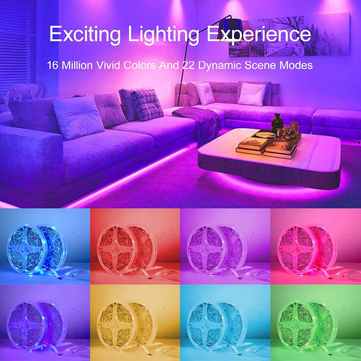 RGB LED strip lights with vivid color glow and multiple dynamic lighting scenes