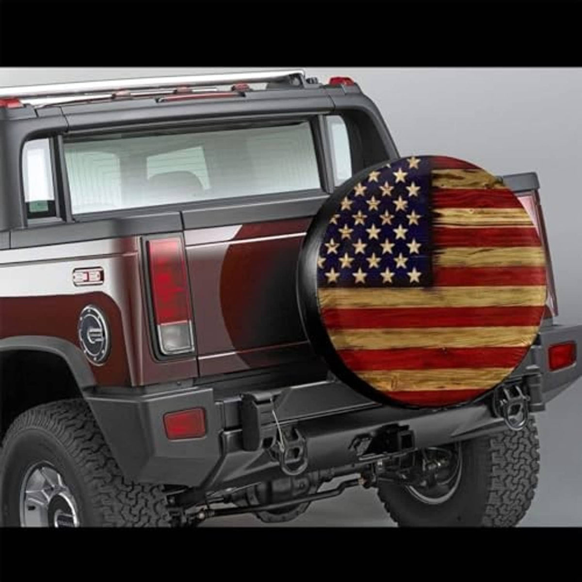 Universal tire cover with round American flag print and black border on vehicle spare tire