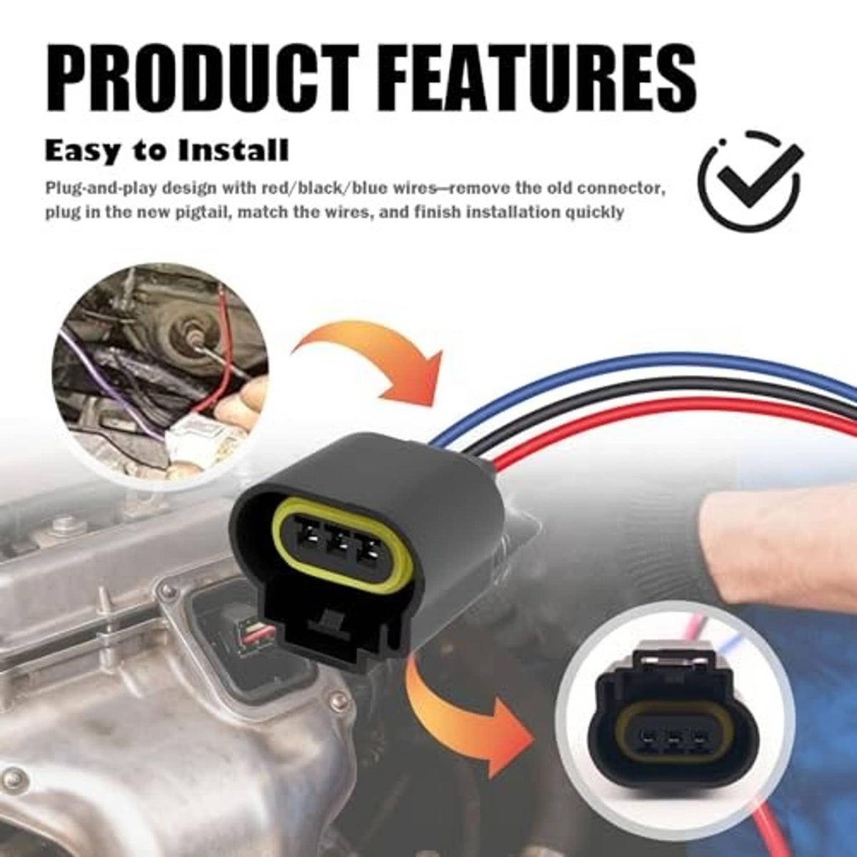 Headlight pigtail connector, gray housing with yellow plug, color-coded red/blue wires