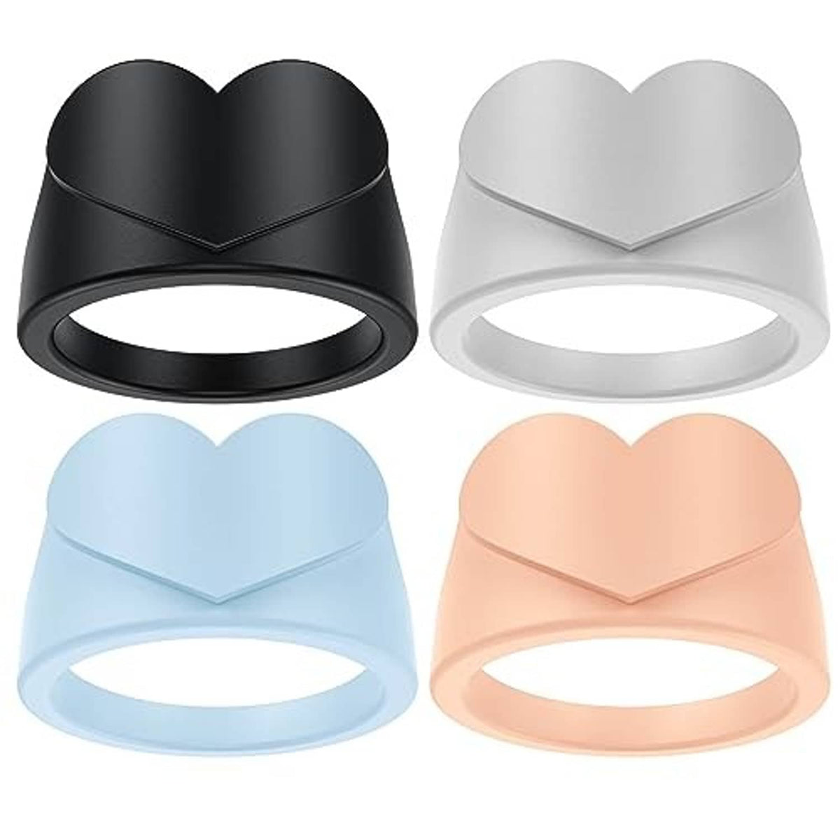 Set of heart-shaped silicone ring covers in black, white, light blue, and peach