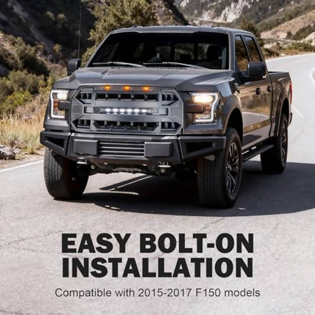 Matte black front grille replacement with LED light bar and amber turn signals