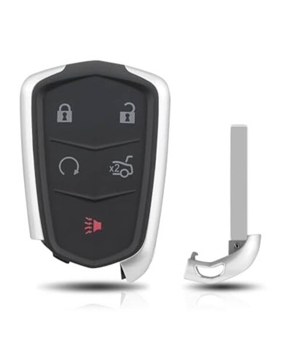 Black key fob cover shell with light gray trim and metal key insert; front and side view