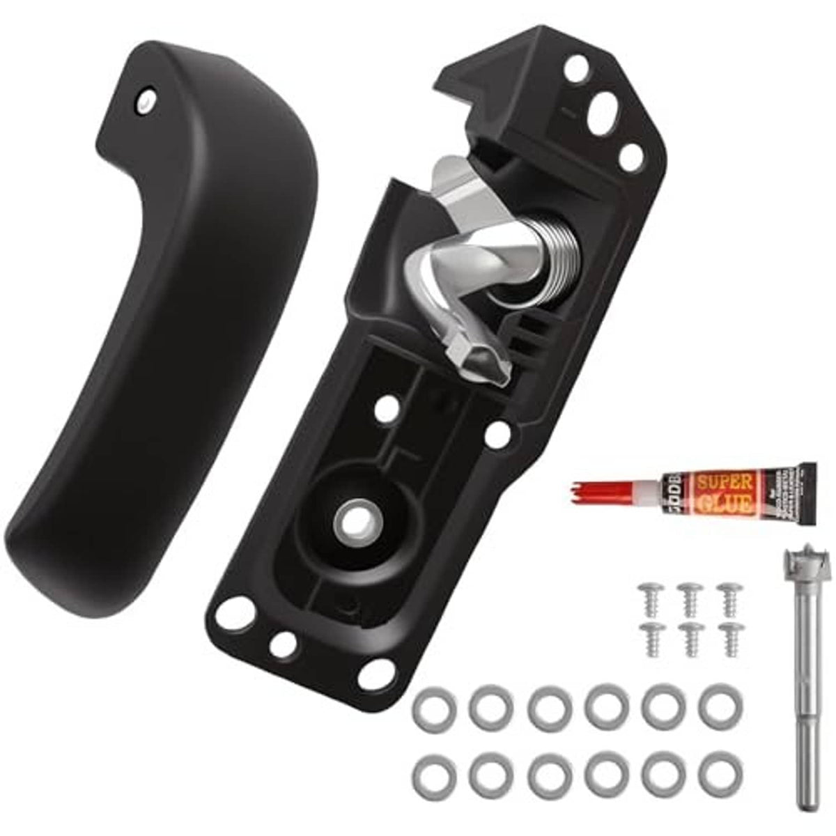 Black inside door handle lever with mounting bracket, screws and washers included