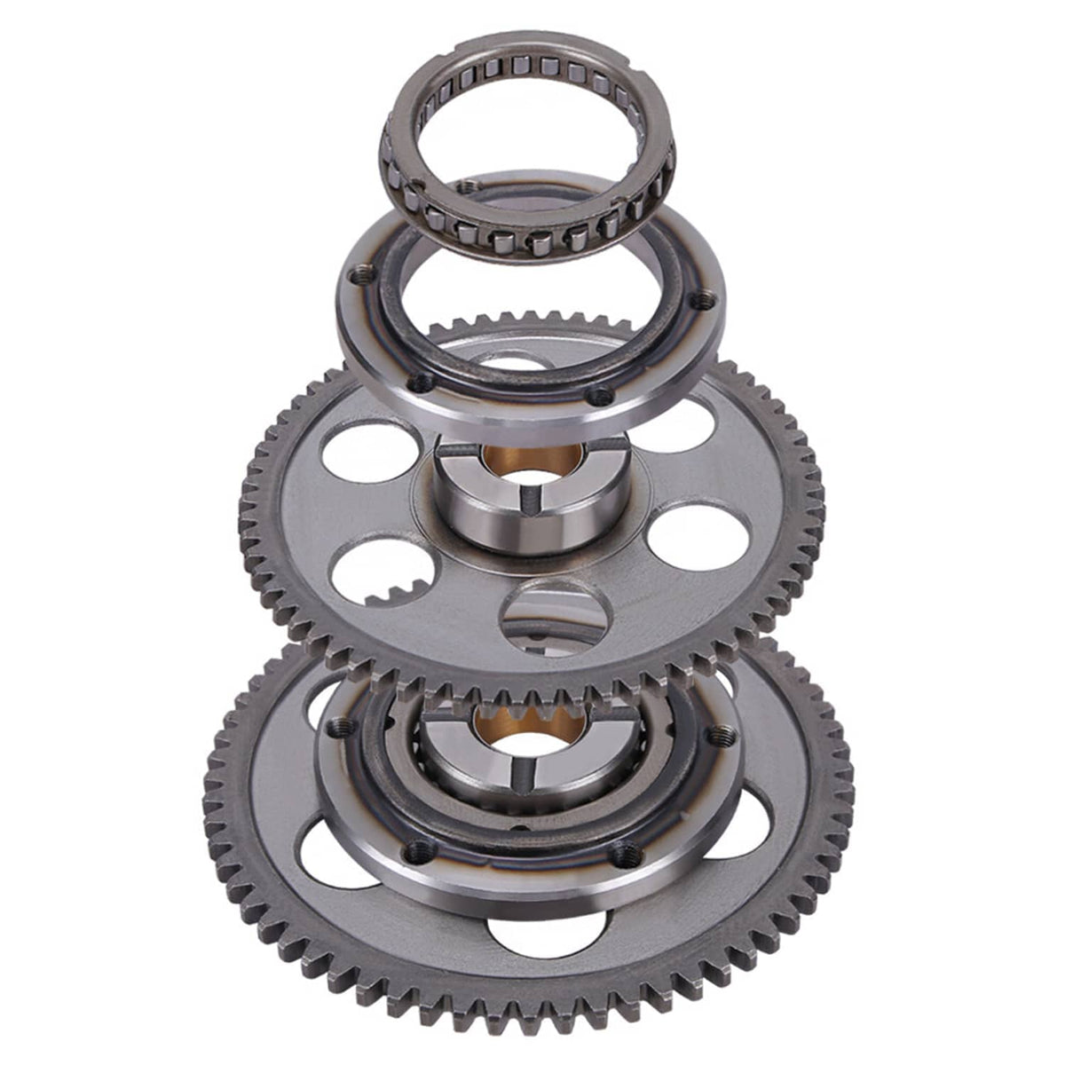 Starter clutch sprag gear idler kit with toothed gears, sprag bearing, and ring seal