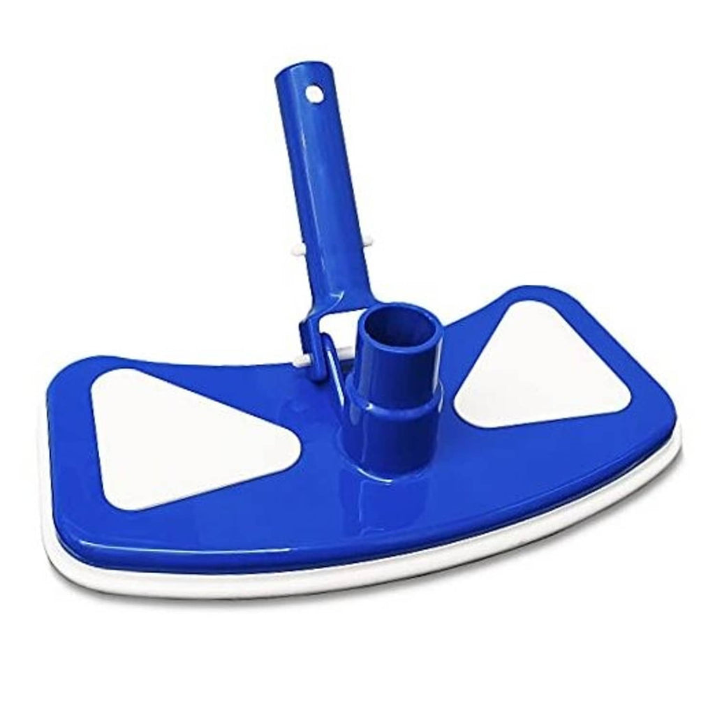 Blue pool vacuum head with weighted butterfly base and white bottom brush pads