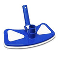Blue pool vacuum head with weighted butterfly base and white bottom brush pads