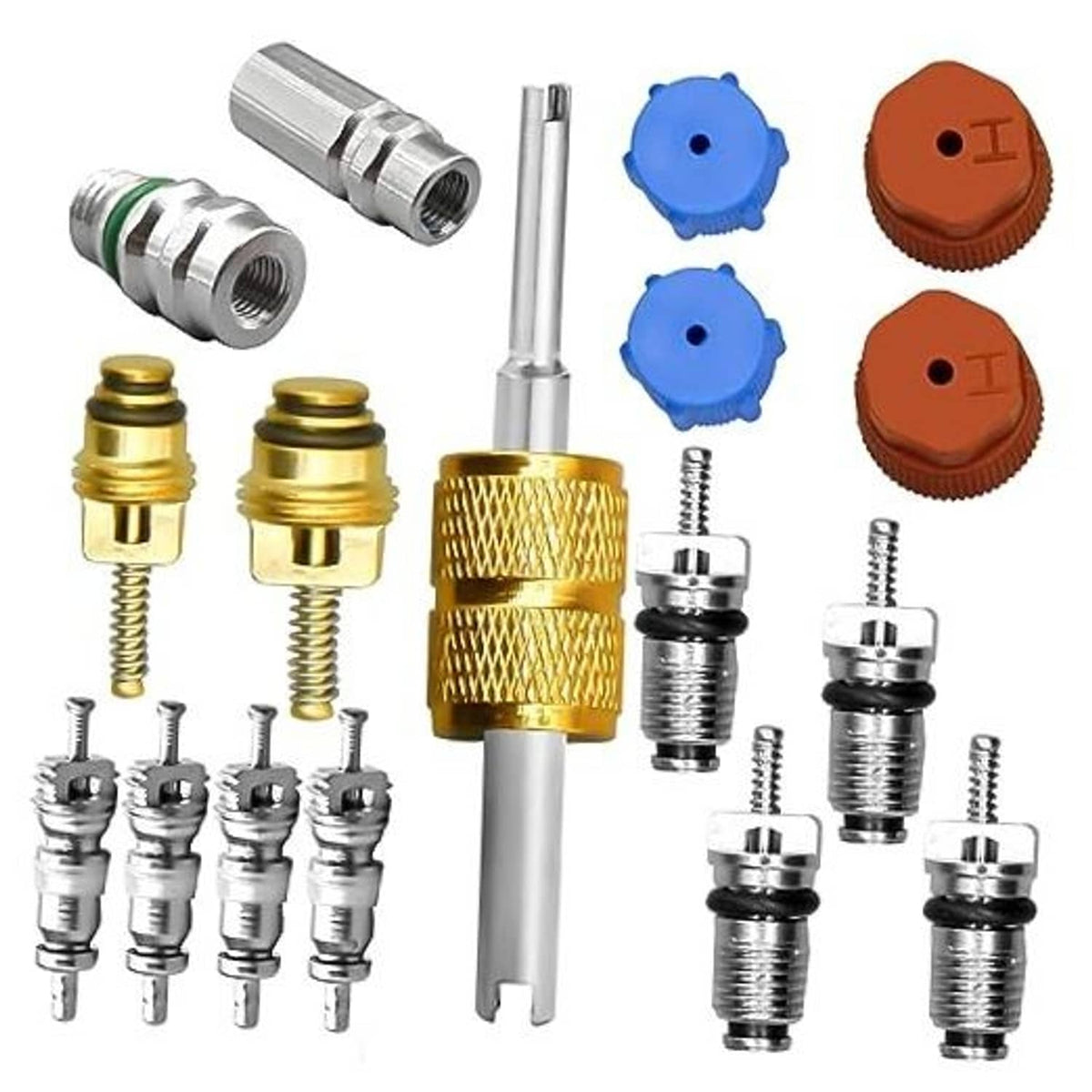 AC valve core conversion kit with adapters, valve cores, and service caps