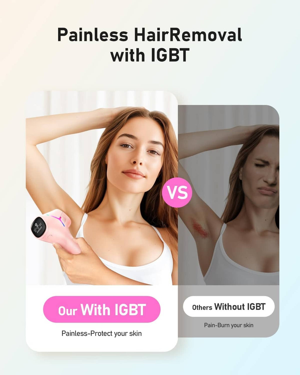 At-home IPL hair removal infographic comparing with and without IGBT