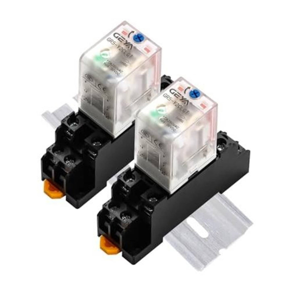 Pair of 8-pin relays with transparent housings and black bases with orange terminal ends
