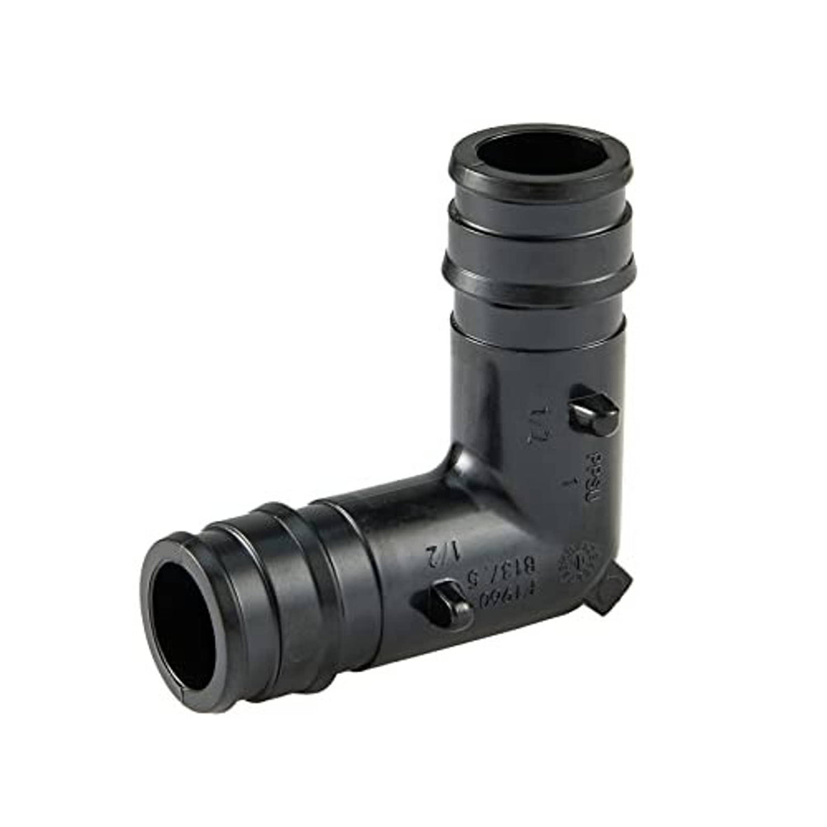 Black 90-degree elbow expansion fitting with molded markings, 1-inch PEX-A