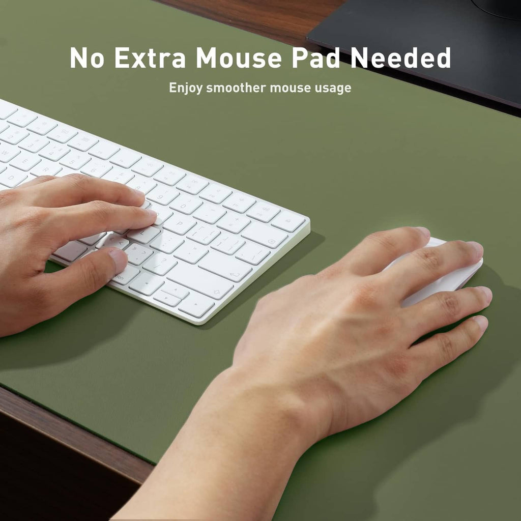 Olive green desk protector mat with hands using keyboard and mouse pad
