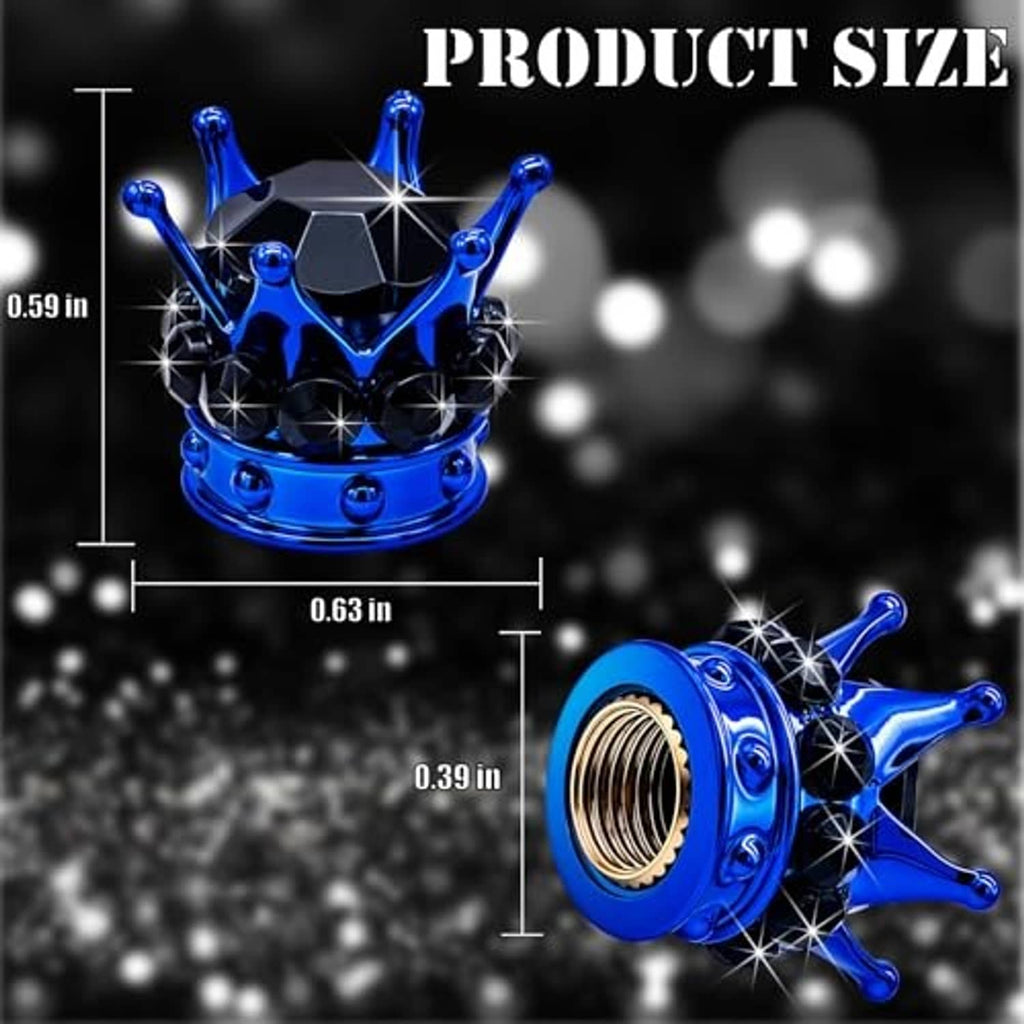 Blue crown tire valve stem cap with black faceted crystal crown and star accents