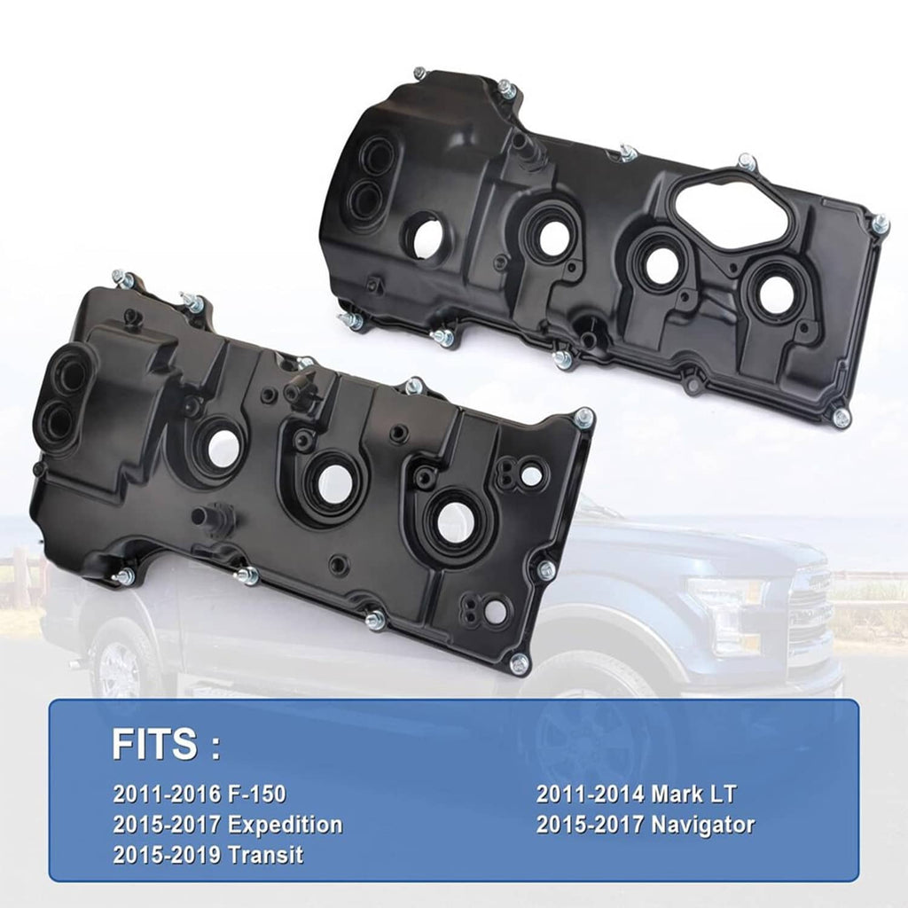 Black engine valve cover pair with mounting bolts, ports, and gasket sealing surfaces