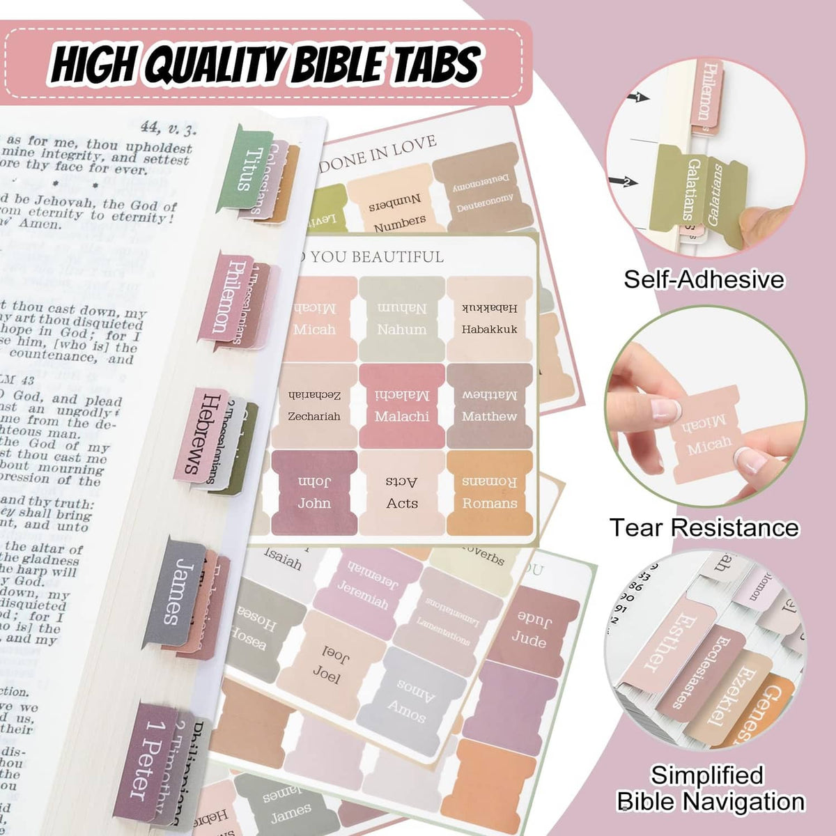 Self-adhesive laminated Bible tabs with tear-resistant tabs and bold book-name labels