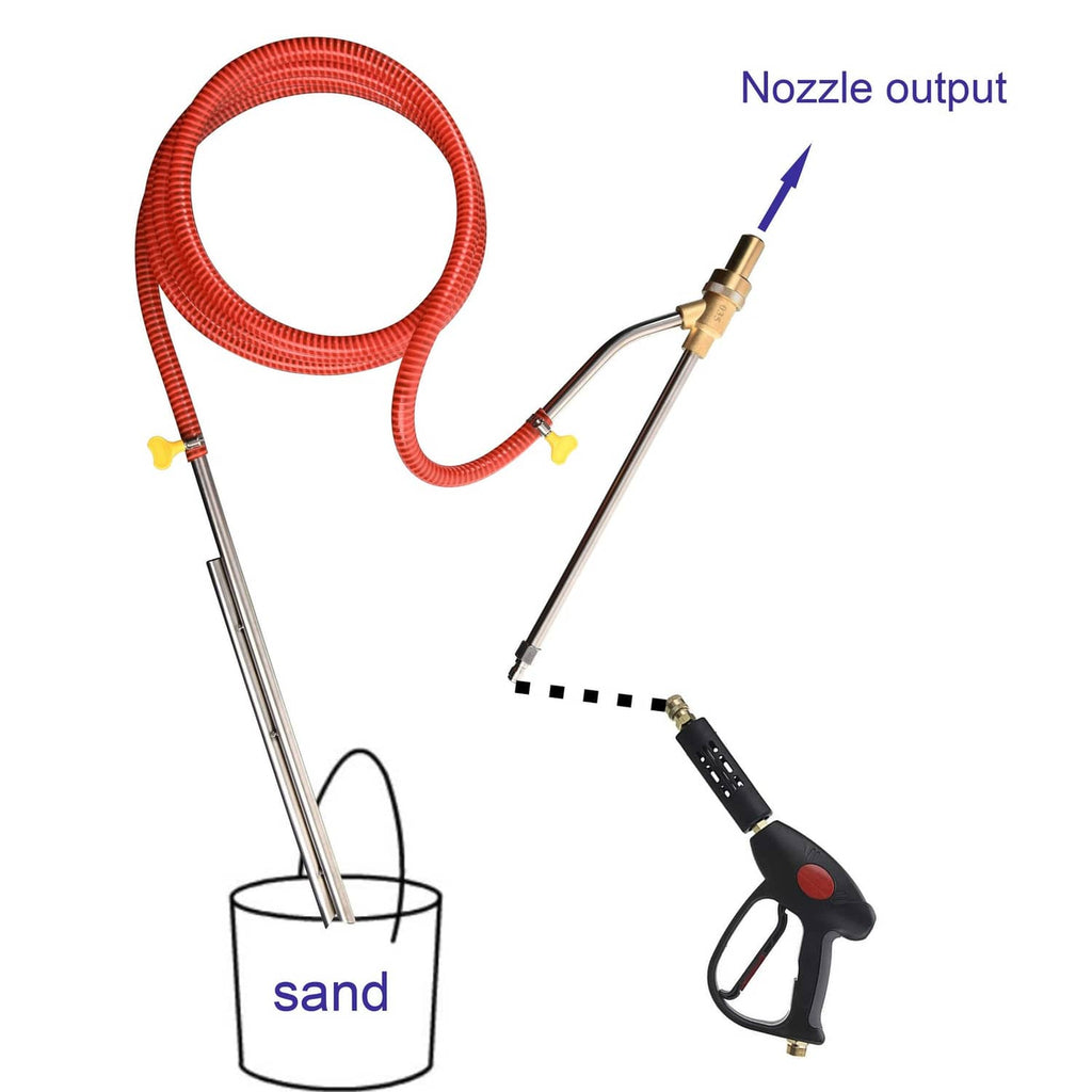 Wet sand blaster attachment kit with red braided hose, brass nozzle, black spray gun
