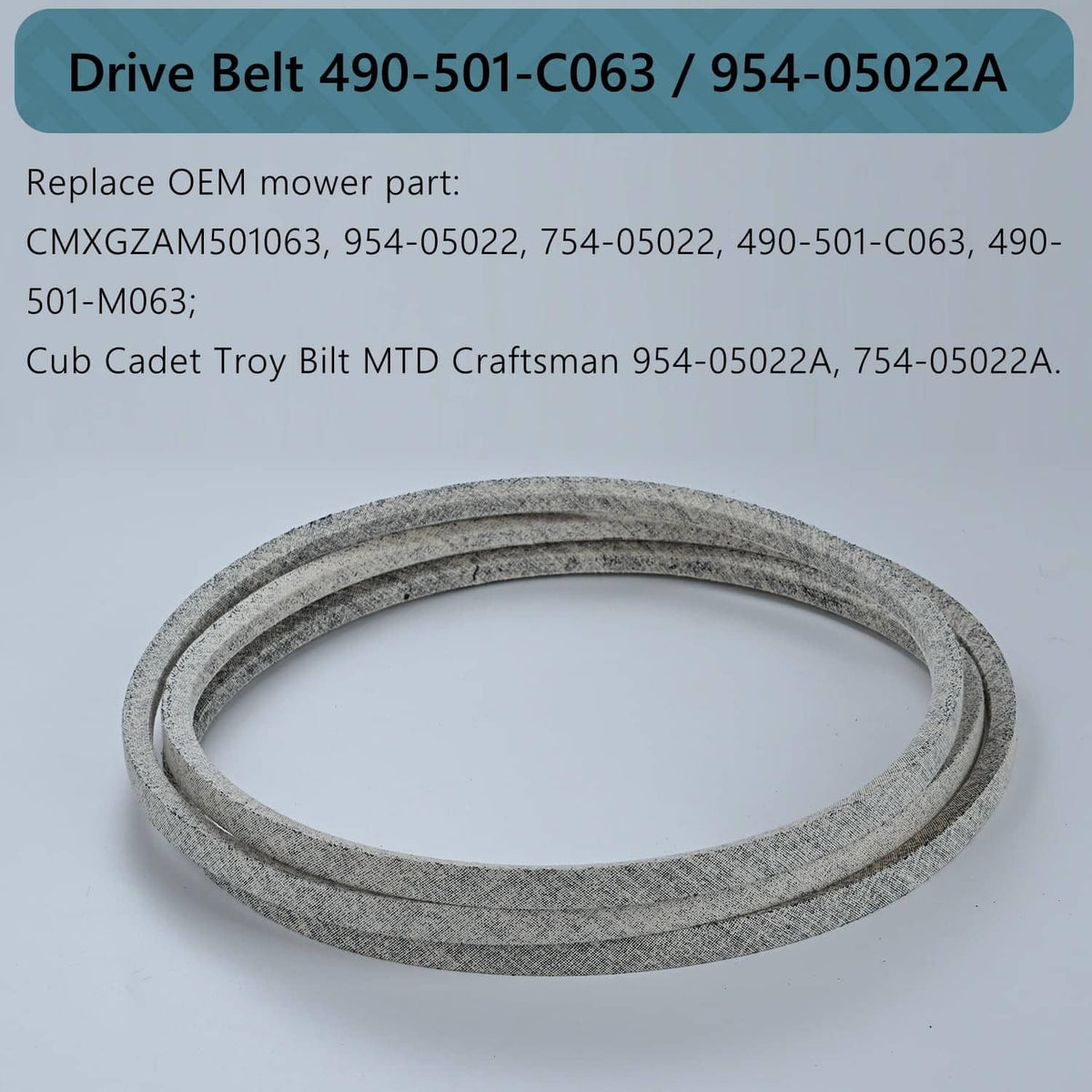 Lawn mower deck belt in gray speckled finish, laid flat in a circular loop