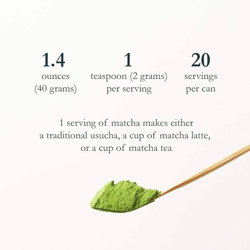Green matcha powder on a wooden spoon with serving size details