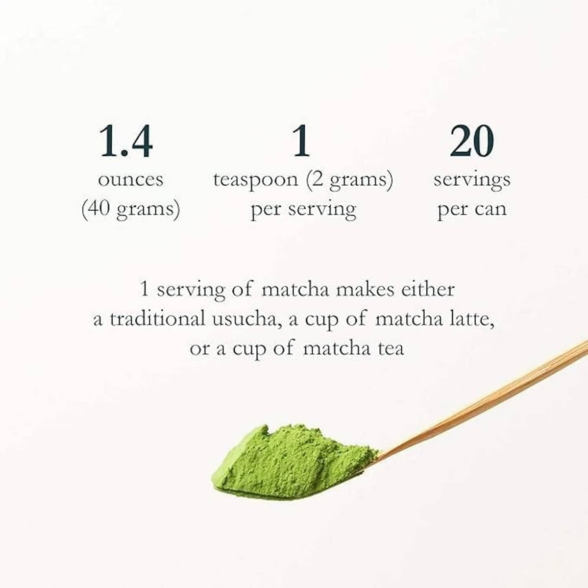 Green matcha powder on a wooden spoon with serving size details