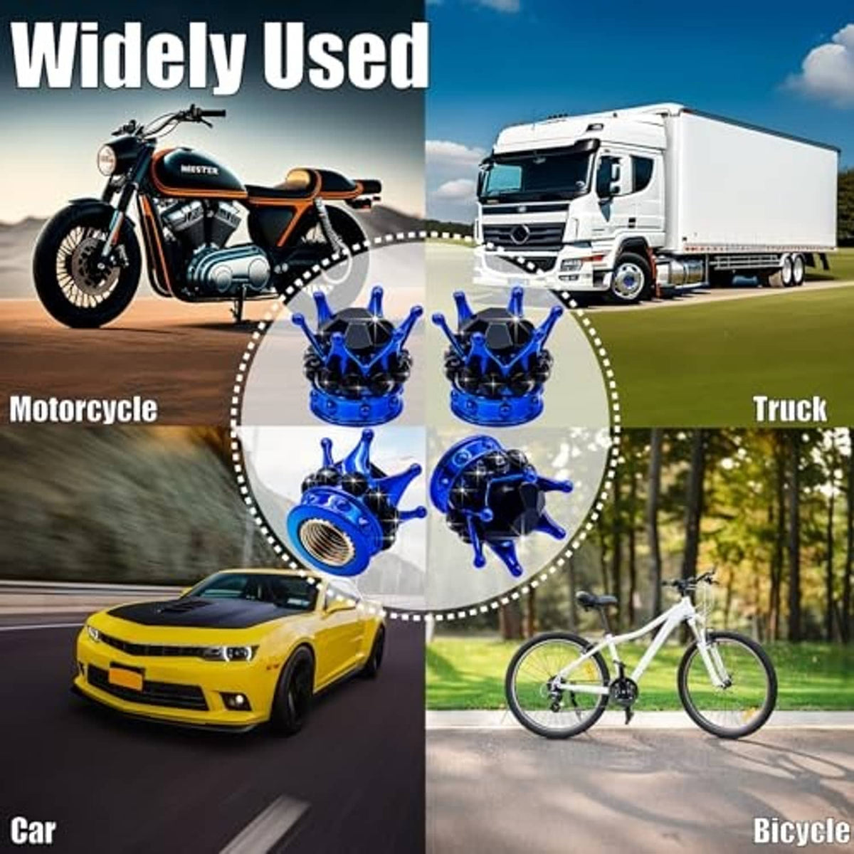 Four blue crown tire valve stem caps with black faceted crystal sparkle overlay
