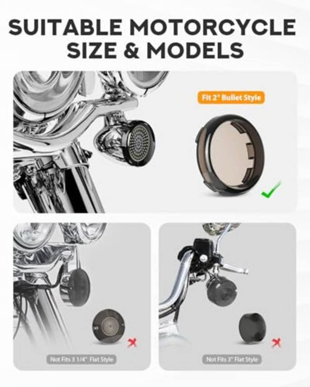 Smoked-lens LED turn signal light for 2-inch style motorcycle fit infographic