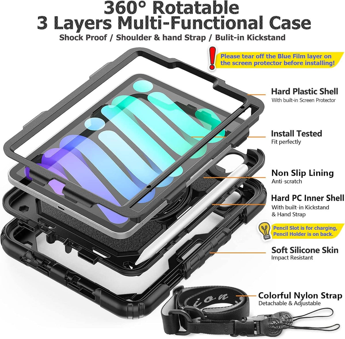 3-layer rugged black tablet case with anti-slip lining and nylon strap