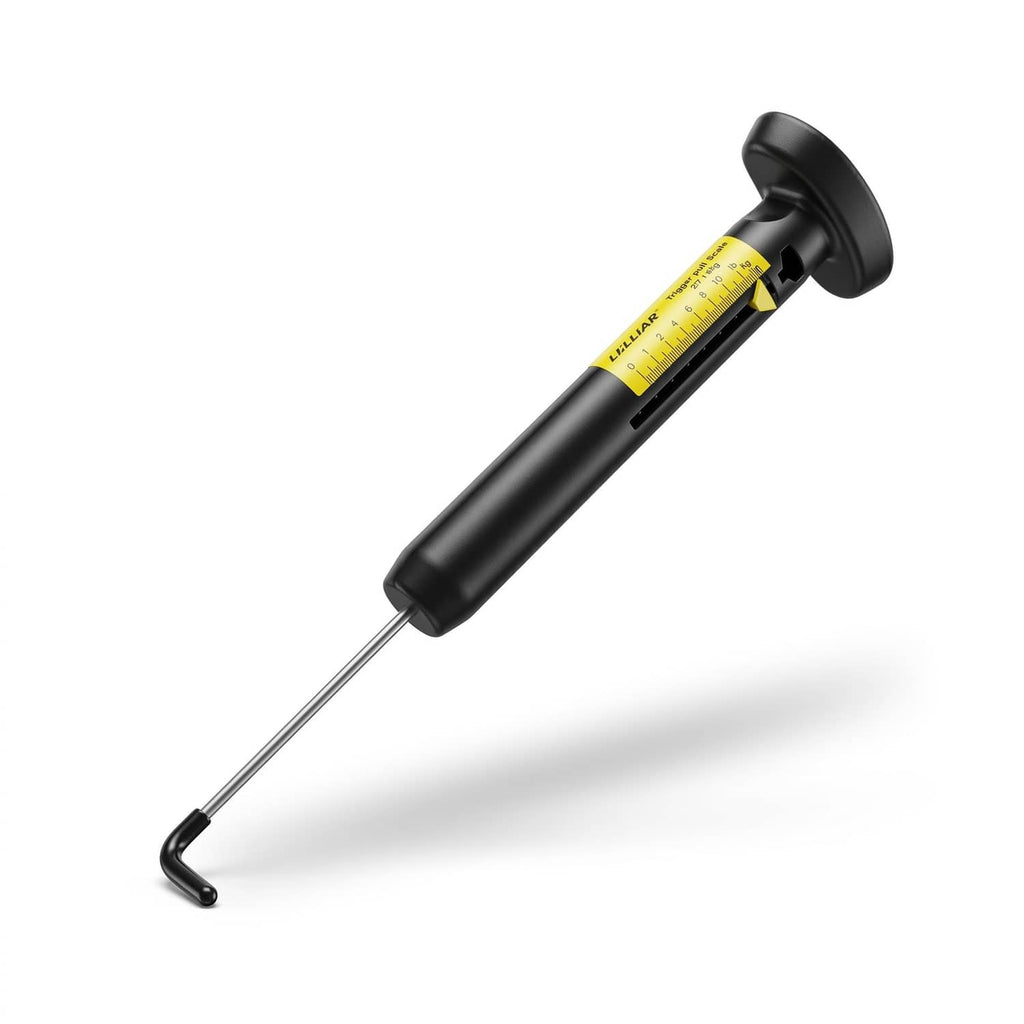 Black manual pull hanging scale with yellow measurement strip and curved hook handle