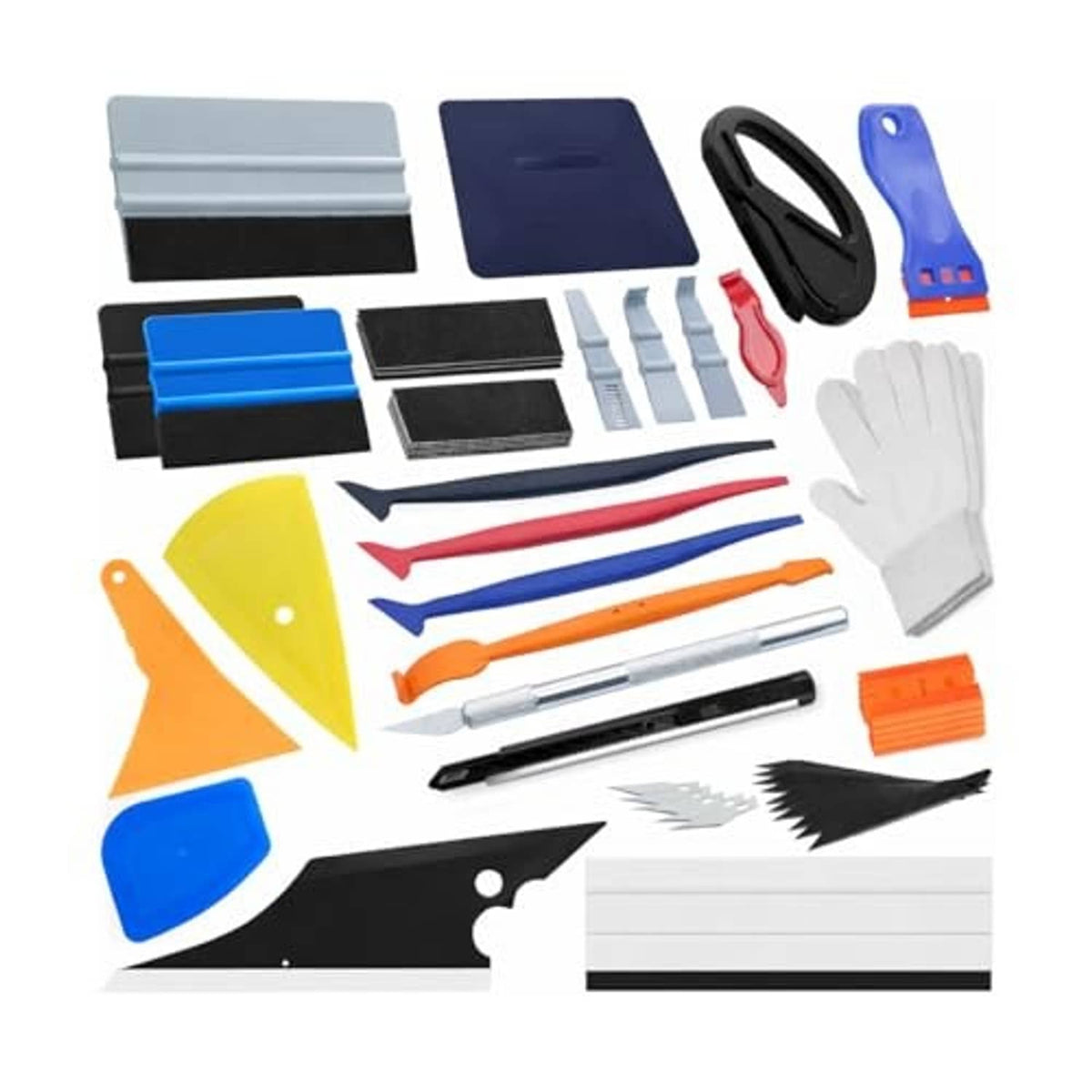 Car vinyl wrap tool kit contents: scrapers, squeegees, edge cards, blades, and brushes
