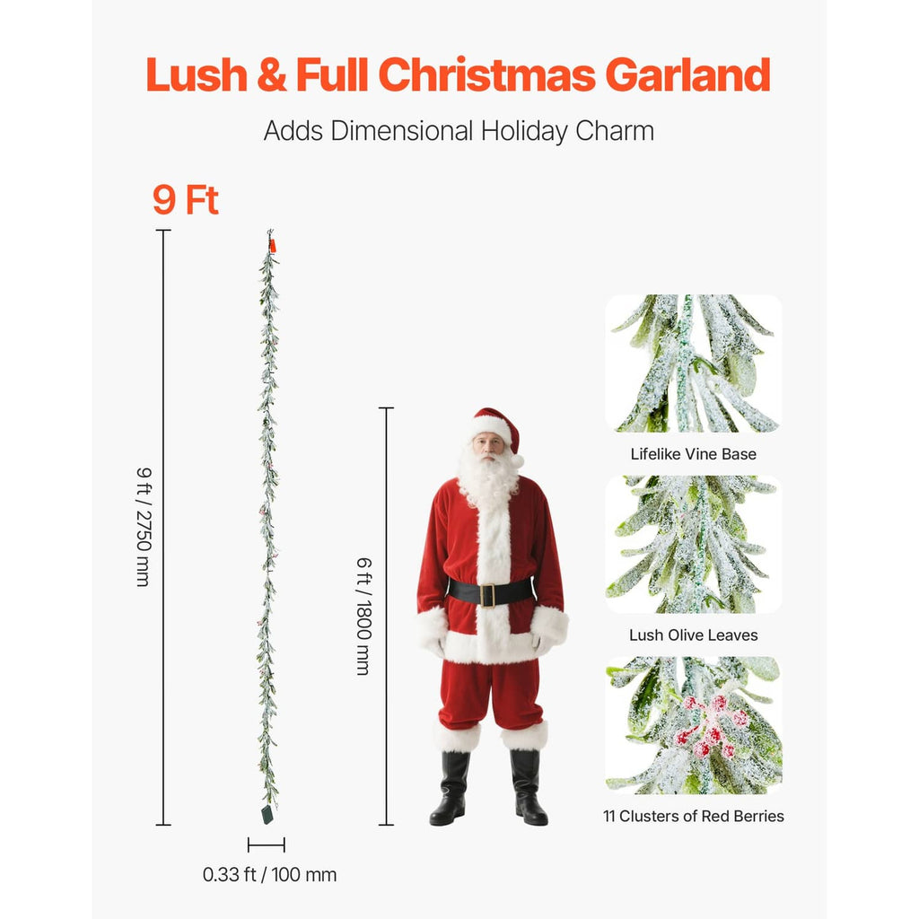 9 ft Christmas garland with vine leaves, red berry clusters, and small LED lights