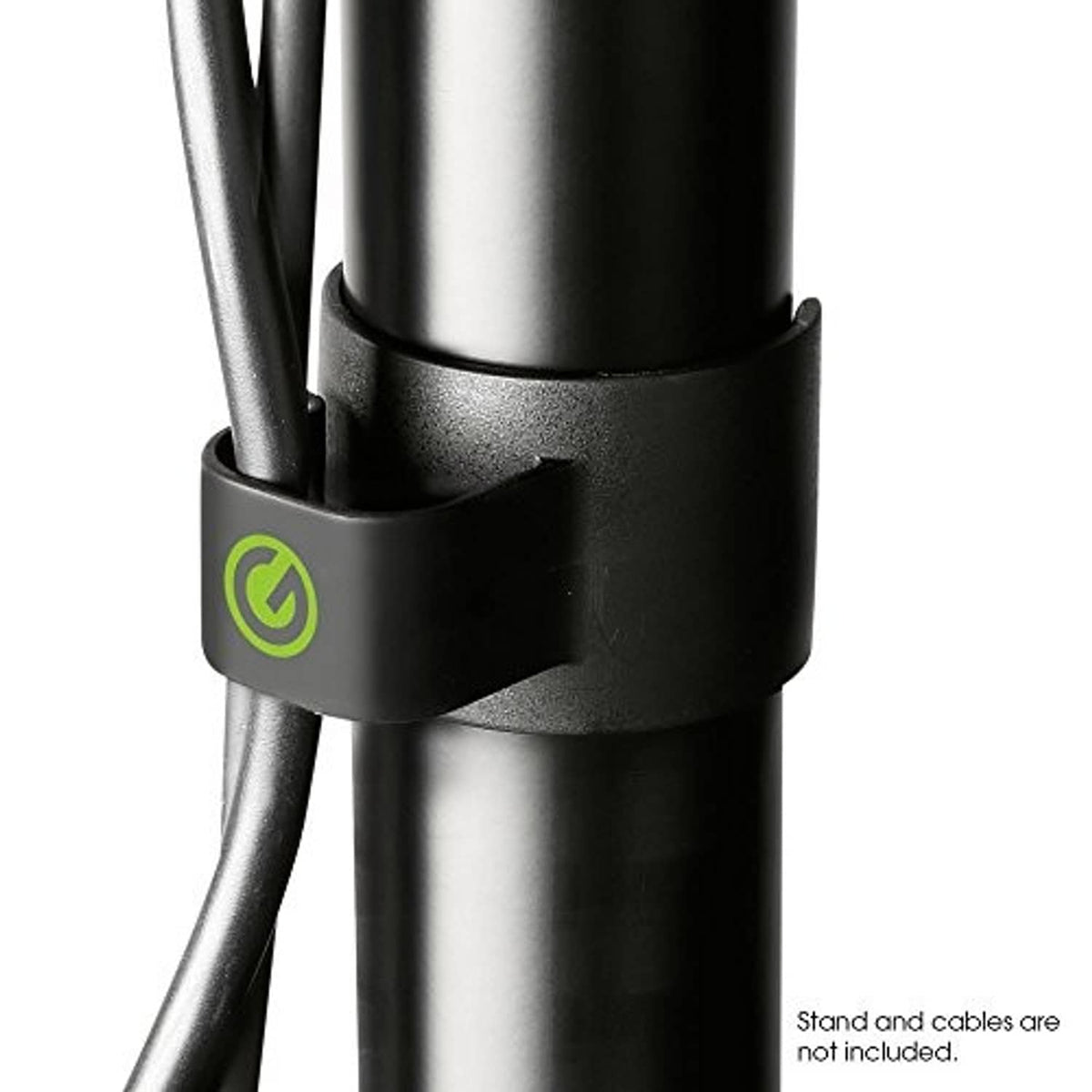 Black cable clip around speaker pole, two-cable holder with side grip