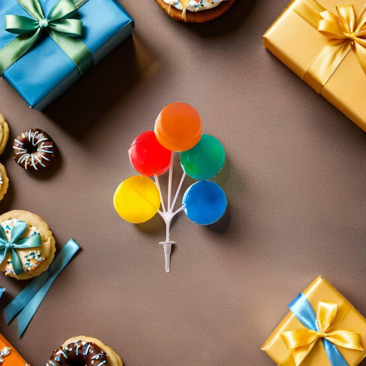 Multicolor plastic balloon cake topper with orange, red, green, yellow, and blue balloons
