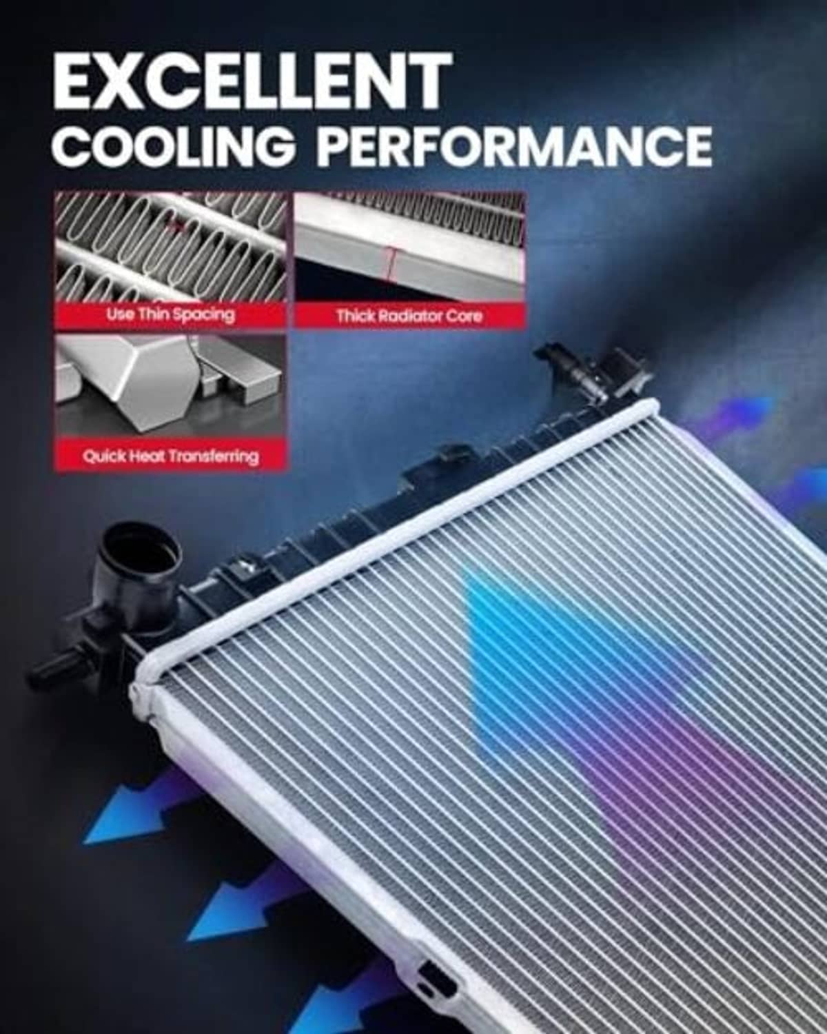 Angled view of an automotive radiator showing silver cooling fins and black inlet connections.