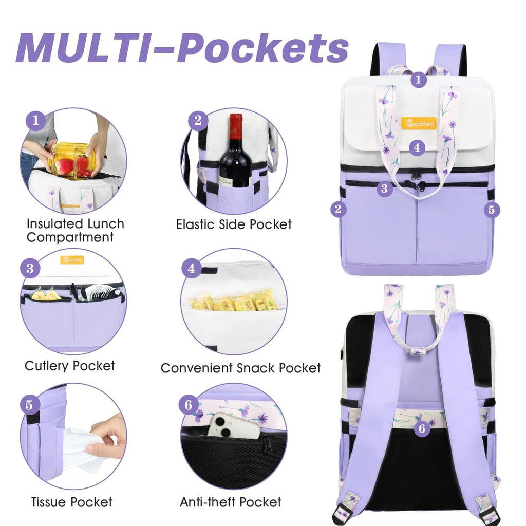 Light purple insulated backpack cooler with multiple pockets including anti-theft storage