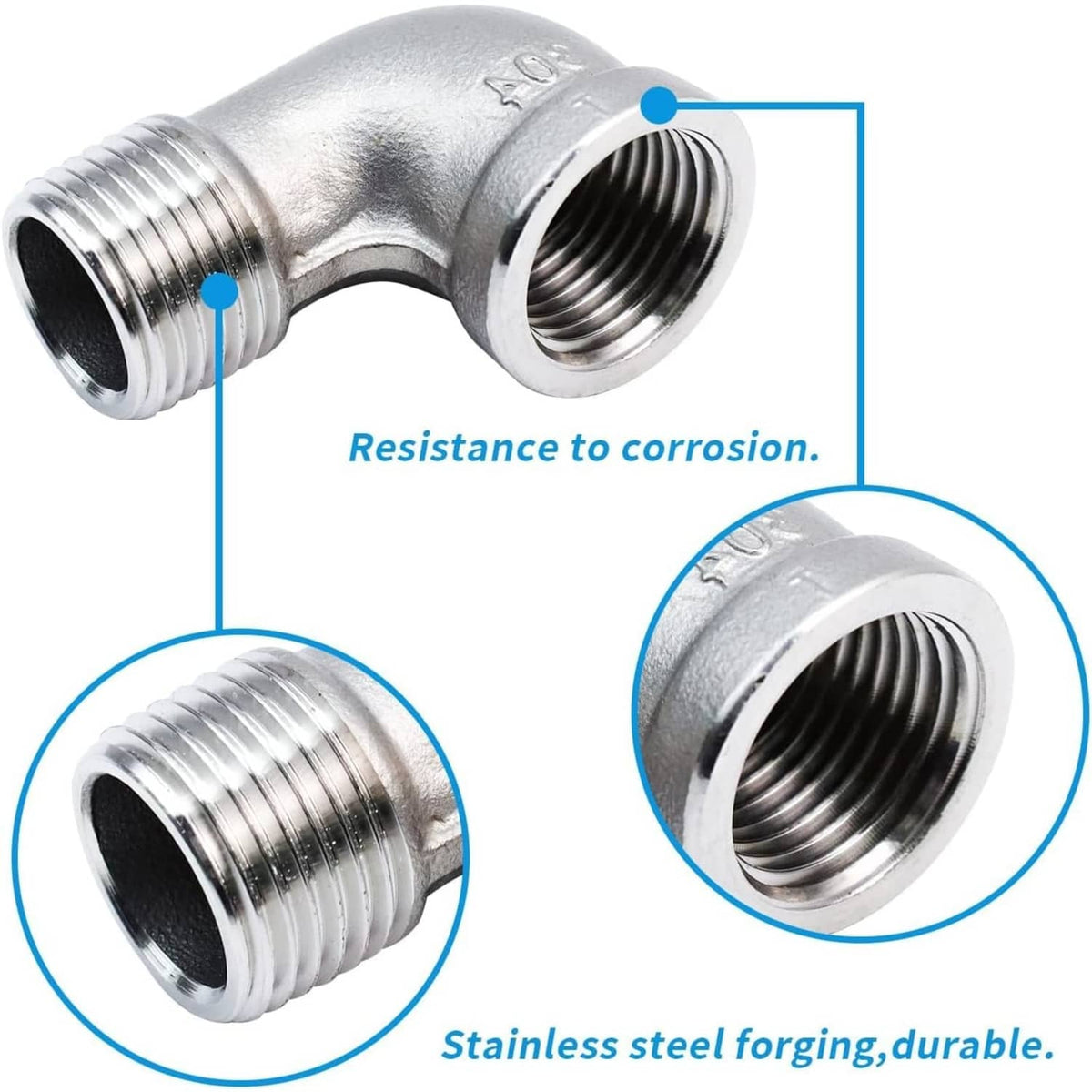 90° stainless steel elbow fitting with NPT threads on both ends, close-up