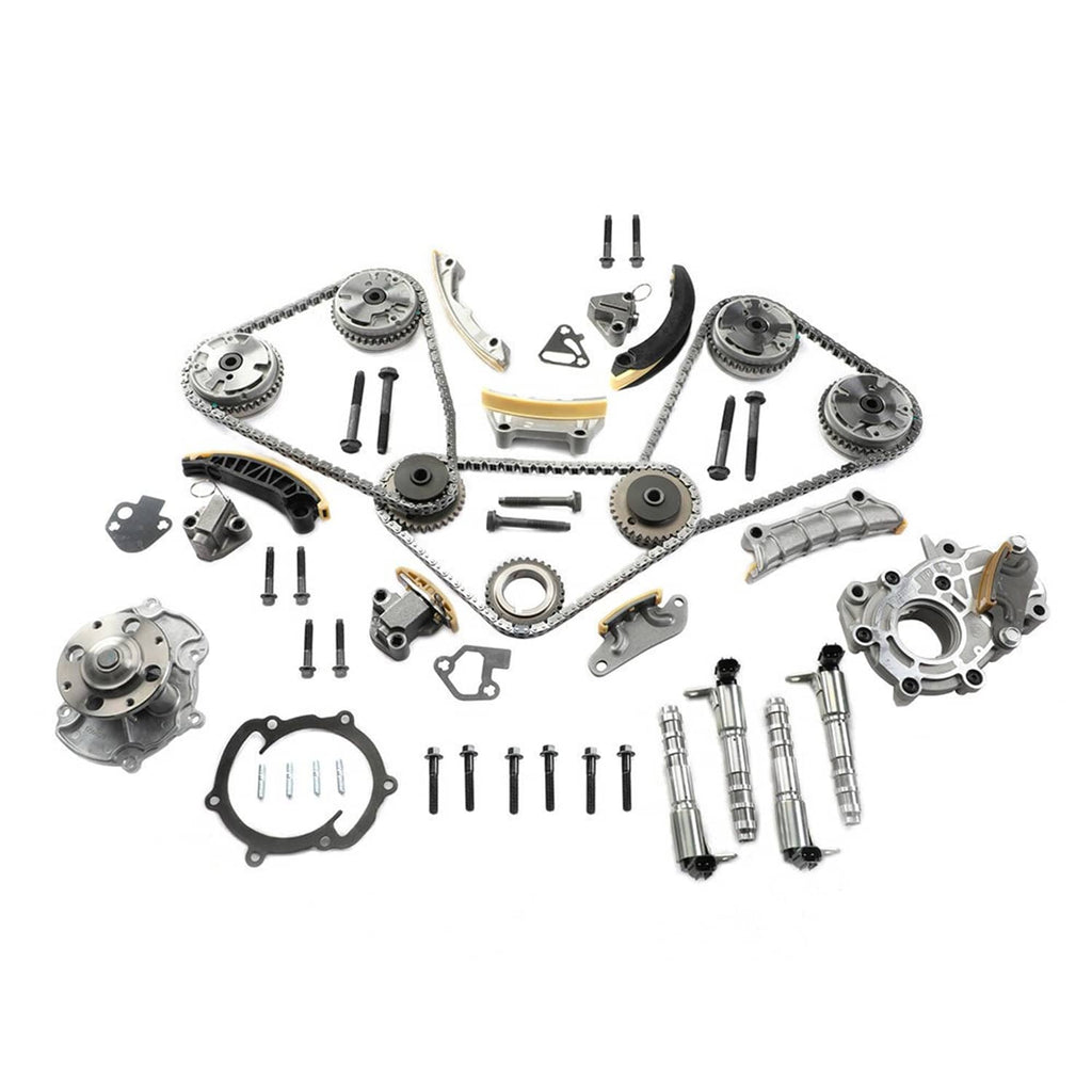 Timing chain kit set with sprockets, tensioners, gaskets, and water pump assembly