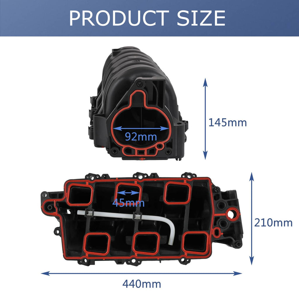 Black upper intake manifold with gasket, shown with overall size measurements in mm