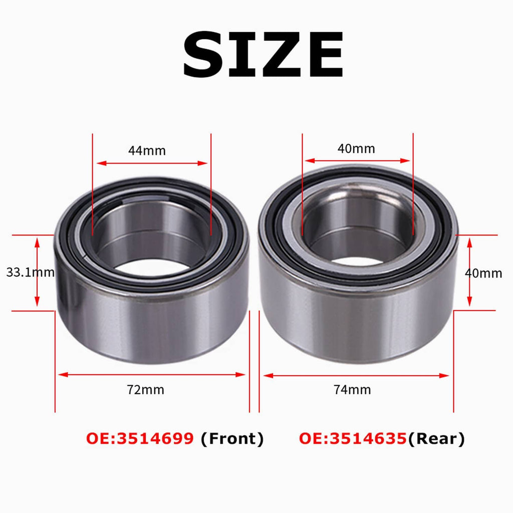 Wheel bearing size diagram showing front and rear dimensions on four seals