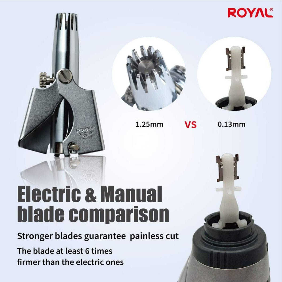 Silver manual nose and ear hair trimmer with blade guard and multiple tips